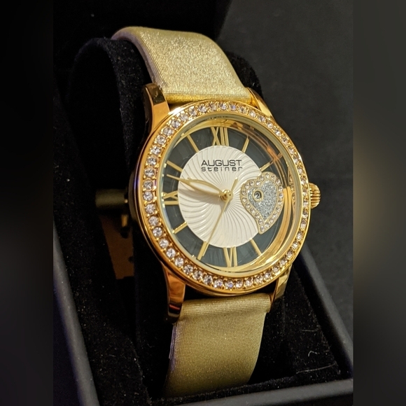 August Steiner Women's Gold Tone Crystal Watch AS8176YG Date Leather Strap NIB - Picture 3 of 8